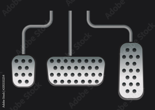 Gas, clutch and brake pedals. Details of the car. Vector illustration. Realistic technology.