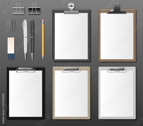 Set of Realistic clipboards with blank white paper sheet. Notepad information board Template for corporate identity. Black, white and wooden Clipboard. vector illustration