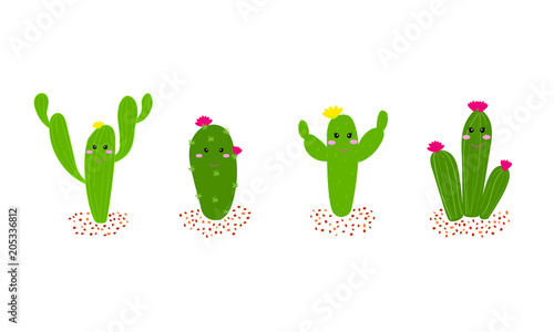Hand drawn cartoon cactus set with flowers. Cactus collections flat style design vector illustration on white background. Element design, can be used for cards.