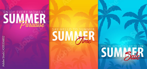 Summer tropical backgrounds set with palms and sunset. Summer placard poster flyer invitation card. Summer time. Vector Illustration