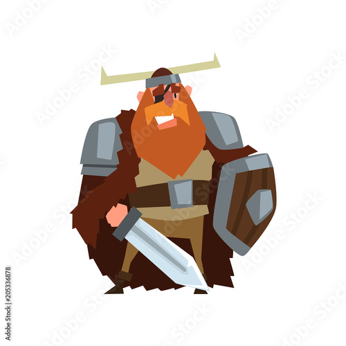 Strong viking warrior character with sword and shield in helmet with horns vector Illustration on a white background