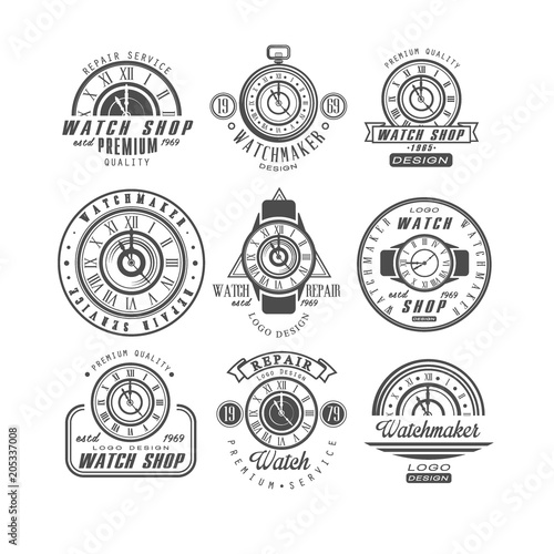 Watch shop and repair service logo set, retro badges with clocks in monochrome style vector Illustrations on a white background