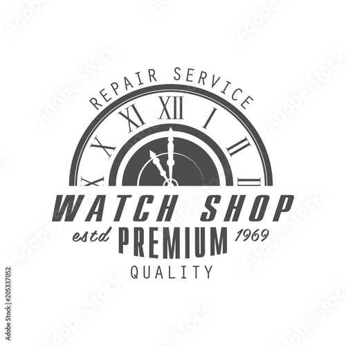 Watch shop logo design, premium quality estd 1969, monochrome vintage clock repair service or store emblem vector Illustration on a white background