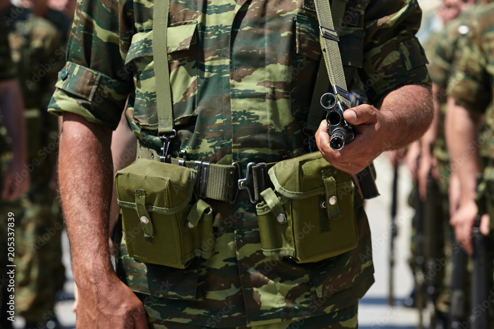 Soldier dressed in camouflage uniform in an army parade.Gun in hand.
