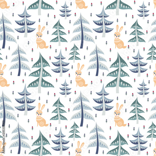 Decorative seamless pattern in folk style with rabbit. Colorful vector background.