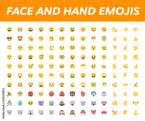 All basic face and hand emojis, emoticons, emotions flat vector illustration symbols. Hands, faces, feelings, situations, shy, embarrassed, smile, mood, joke, lol, laugh, cry, happy, smileys icons set