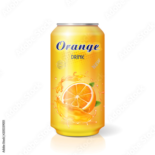 Aluminum can with fruit orange juice isolated realistic