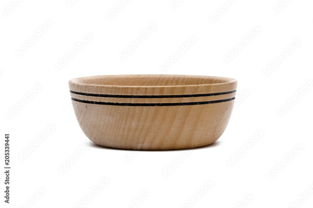Wooden bowl plate isolated on white background. Kitchenware. Wooden bowl plate isolated on white background. Kitchenware.