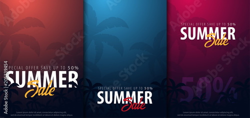 Summer Sale backgrounds with palms. Summer placard poster flyer invitation card. Summer time. Vector Illustration