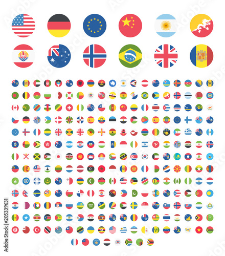 All countries world rounded circle flat design flags, symbols, emoticons, icons. Emoji flag buttons, screen, display, website flag collection, set, stickers. photo