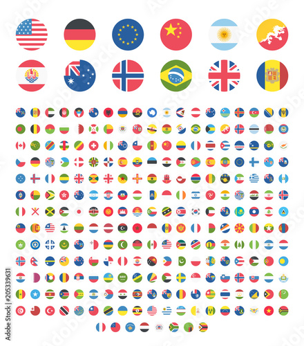 All countries world rounded circle flat design flags, symbols, emoticons, icons. Emoji flag buttons, screen, display, website flag collection, set, stickers.