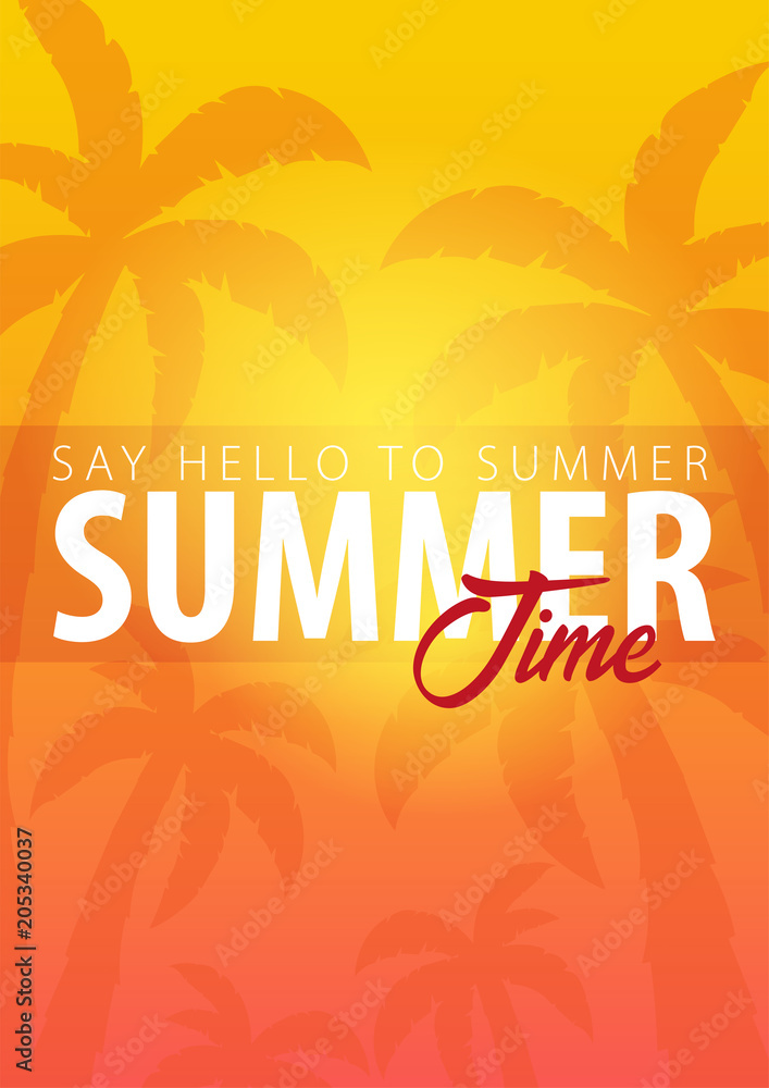 Summer Time tropical background with palms and sunset. Summer placard poster flyer invitation card. Summer time. Vector Illustration