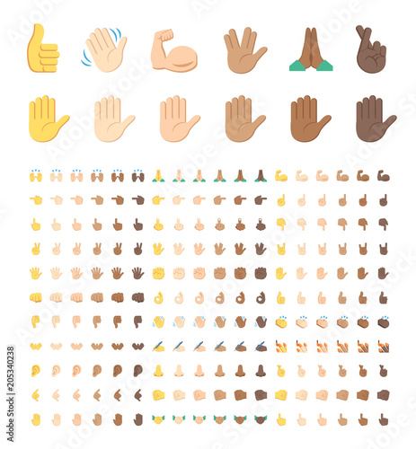 All type of hand emojis, stickers in all skin colors, emoticons flat vector illustration symbols set, collection. Hands, handshakes, muscle, finger, fist, direction, like, unlike, fingers.