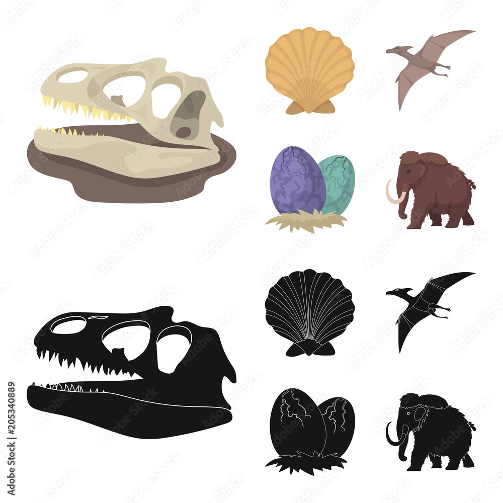 Prehistoric shell, dinosaur eggs,pterodactyl, mammoth. Dinosaur and  prehistoric period set collection icons in cartoon,black style vector  symbol stock illustration web. Stock Vector