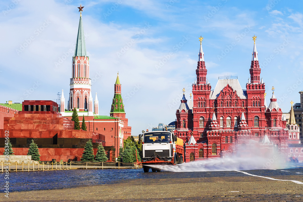 watering machine on the red square in Moscow watering machine on the red square in Moscow