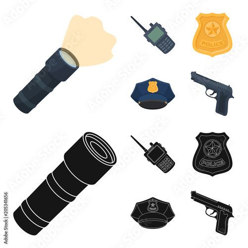 Radio, police officer badge, uniform cap, pistol.Police set collection icons in cartoon,black style vector symbol stock illustration web. photo