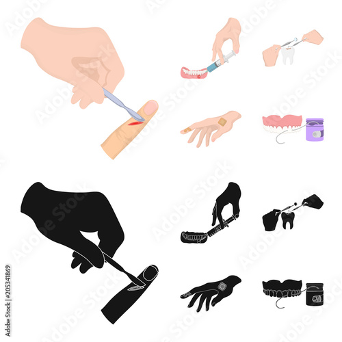 Anesthetic injection, dental instrument, hand manipulation, tooth cleaning and other web icon in cartoon,black style.bactericidal plaster, medicine icons in set collection.
