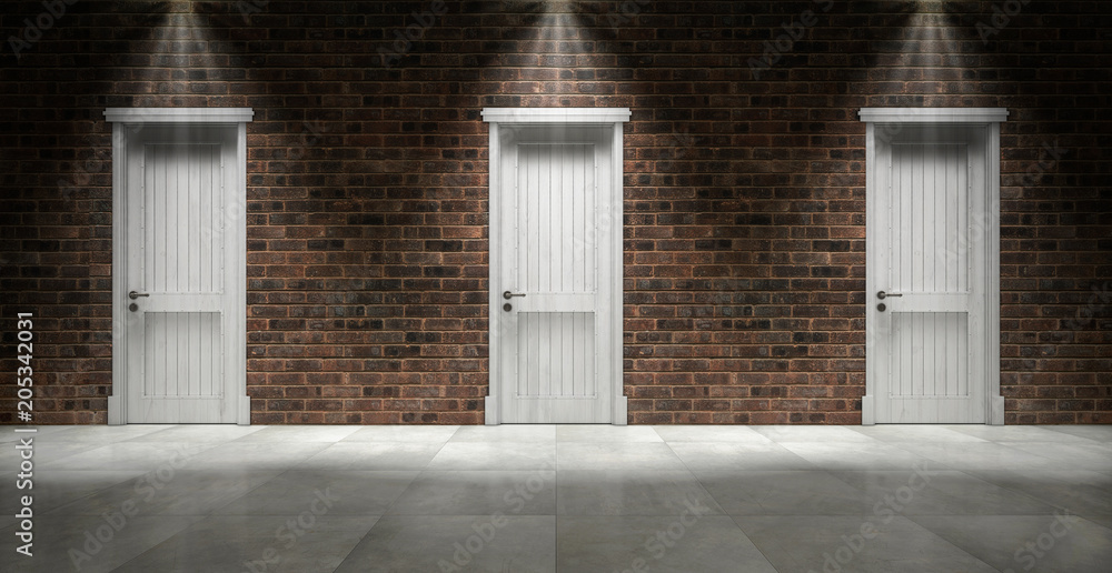 Brick wall with three closed doors. 3d rendering Brick wall with three closed doors. 3d rendering