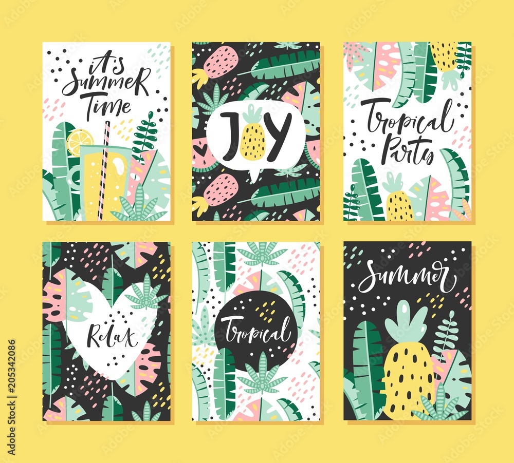 Set of tropical summer cards with lettering. Vector illustration.