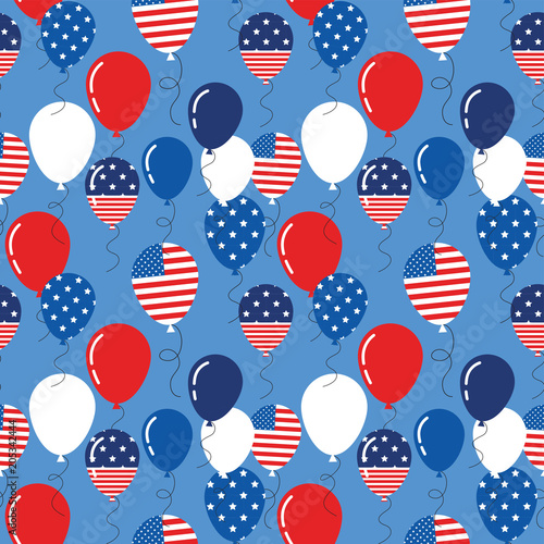 Vector seamless pattern with patriotic balloons. National colors of the United States. American flag,stars and stripes. Use for celebration of independence day, party decoration,surface texture.