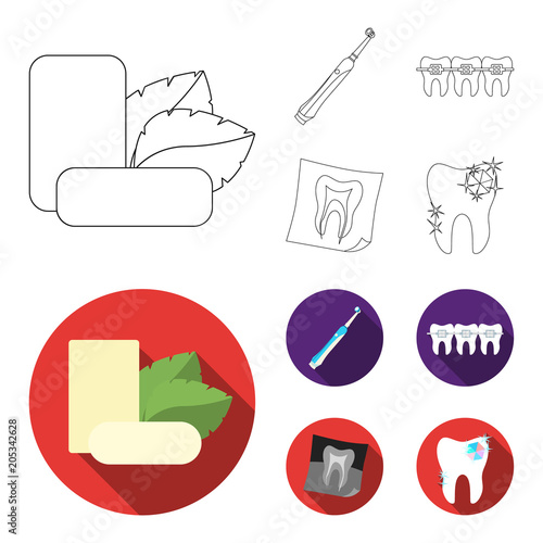 Mint chewing gum with mint leaves, toothbrush with bristles, bregettes with teeth, X-ray of the tooth. Dental care set collection icons in outline,flat style vector symbol stock illustration web.