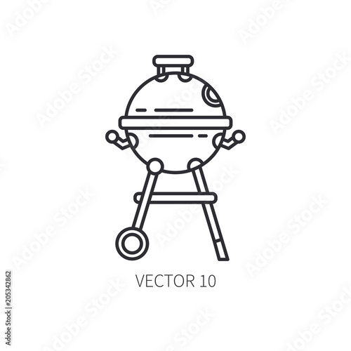 Retro furniture, compact bbq grill and smokehouse vector line icon. Summer travel vacation, tourism, camping equipment. Backyard classic lunch. Outdoor family picnic sign and symbol. Hiking. Lifestyle