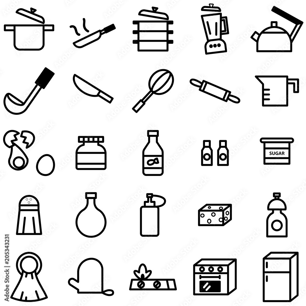 Simple outline of variety kitchenware icon on white background Simple outline of variety kitchenware icon on white background