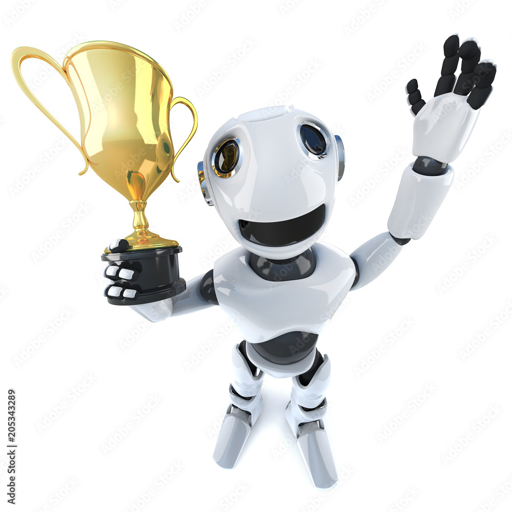 3d Funny cartoon robot character holding a gold cup trophy award  Illustration Stock | Adobe Stock