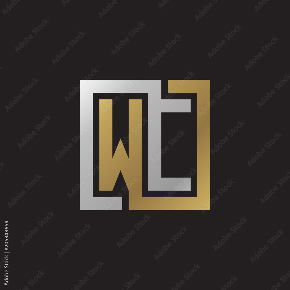 Initial letter WC, looping line, square shape logo, silver gold color on black background Initial letter WC, looping line, square shape logo, silver gold color on black background