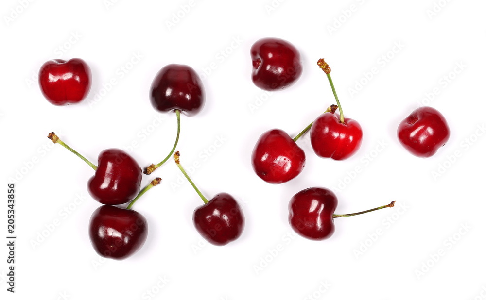 Cherries isolated on white background, top view Cherries isolated on white background, top view