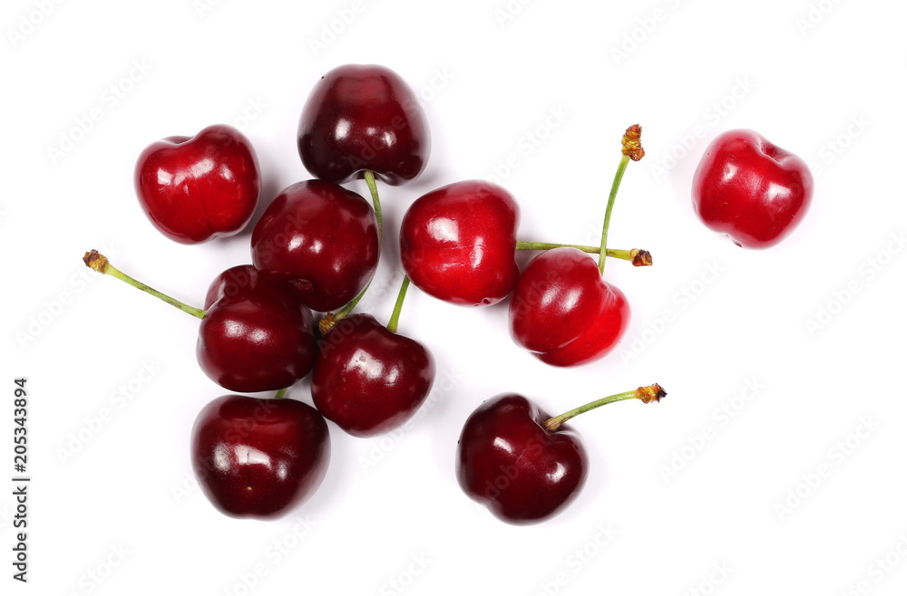 Cherries isolated on white background, top view Cherries isolated on white background, top view