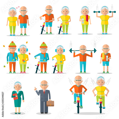 Elderly people, old man and old woman lifestyle. Walking with bikes. Healthy active lifestyle. Sport for grandparents. Objects isolated on a white background. Flat vector illustration.