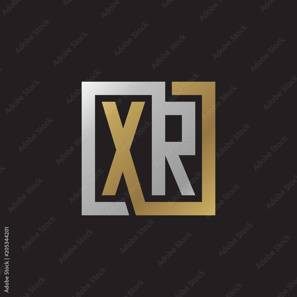 Obraz premium Initial letter XR, looping line, square shape logo, silver gold color on black background