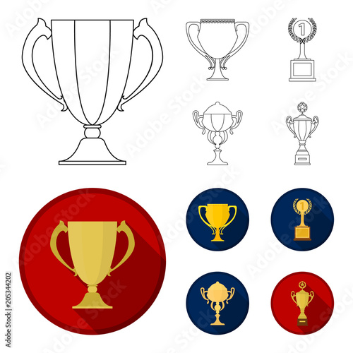 Gold Cup outline,flat icons in set collection for design. Winners Cup vector symbol stock web illustration.