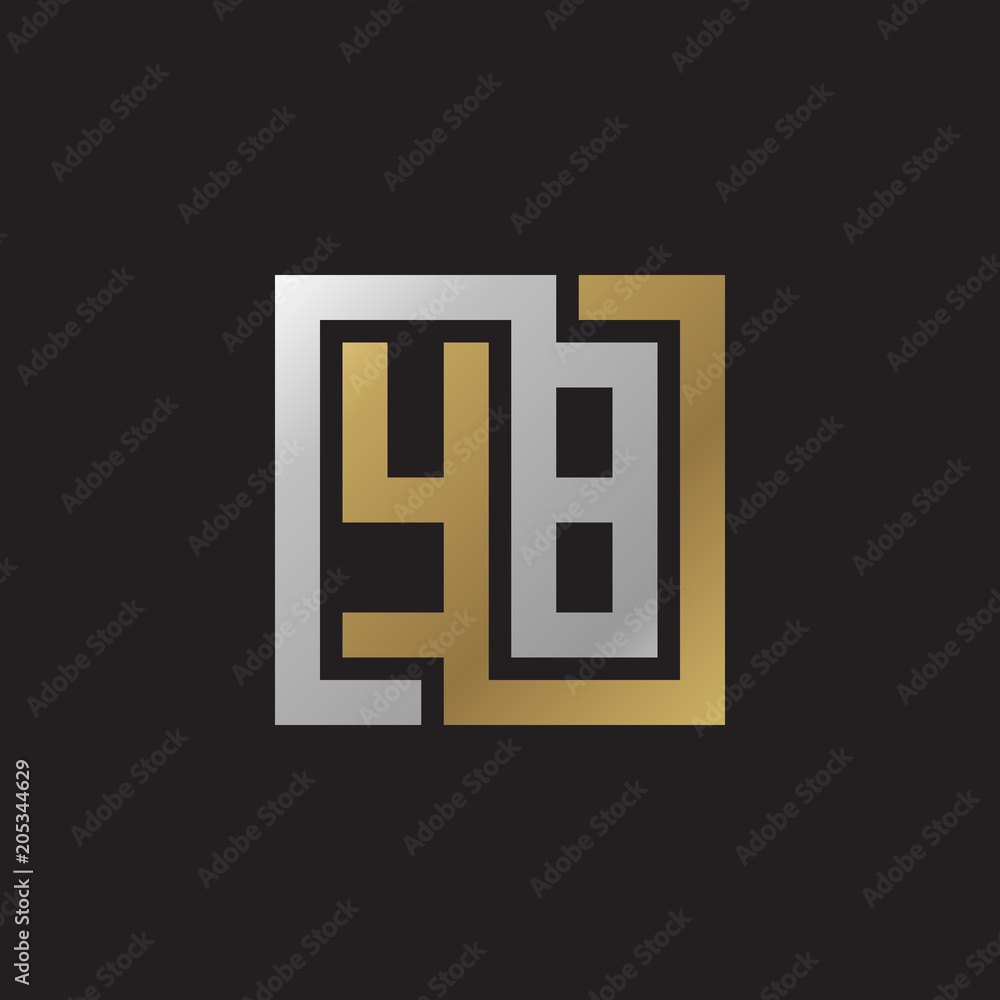 Initial letter YB, looping line, square shape logo, silver gold color on black background Initial letter YB, looping line, square shape logo, silver gold color on black background