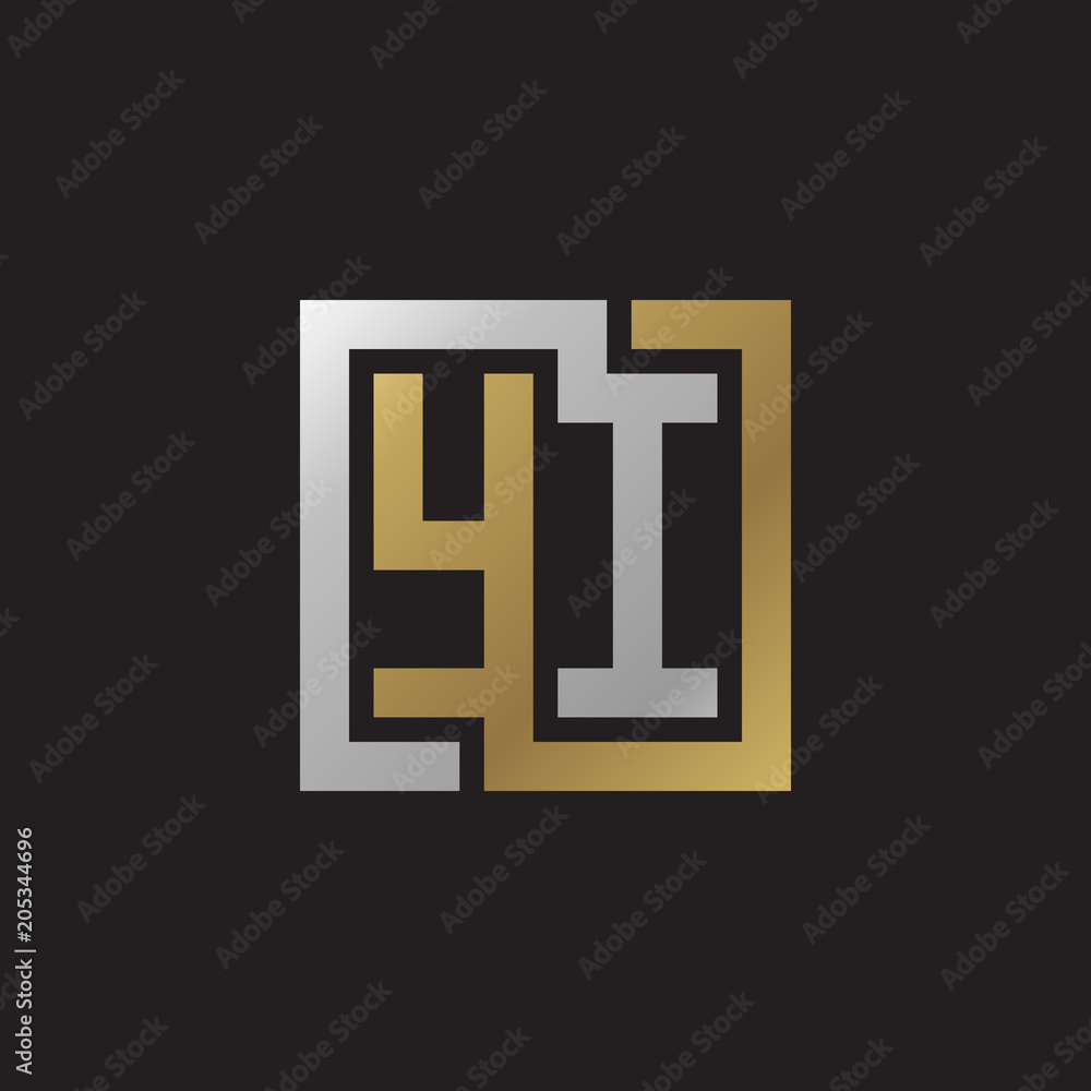 Initial letter YI, looping line, square shape logo, silver gold color on black background Initial letter YI, looping line, square shape logo, silver gold color on black background