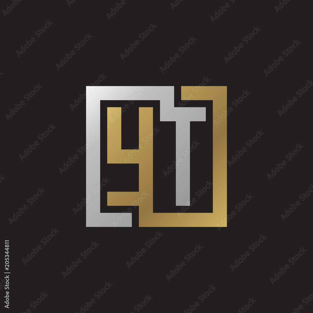 Initial letter YT, looping line, square shape logo, silver gold color on black background Initial letter YT, looping line, square shape logo, silver gold color on black background
