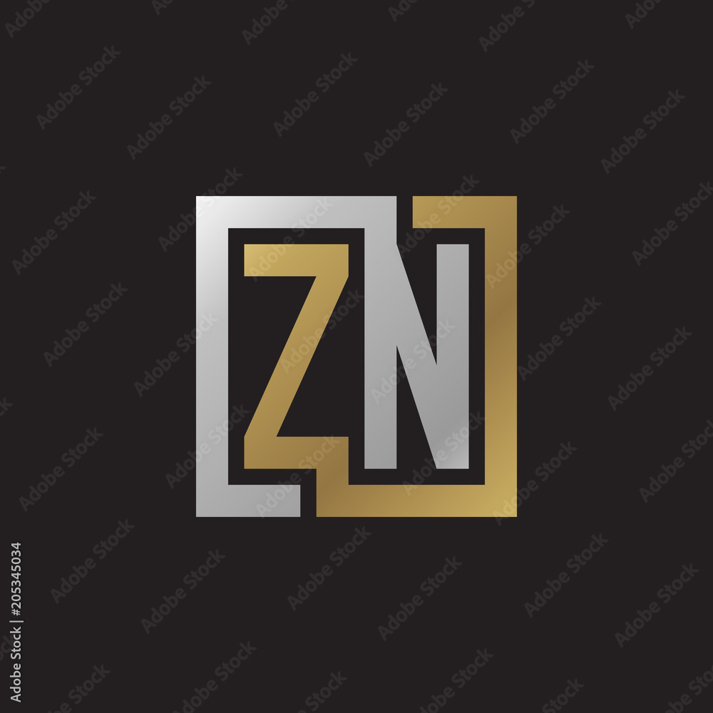 Initial letter ZN, looping line, square shape logo, silver gold color on black background Initial letter ZN, looping line, square shape logo, silver gold color on black background