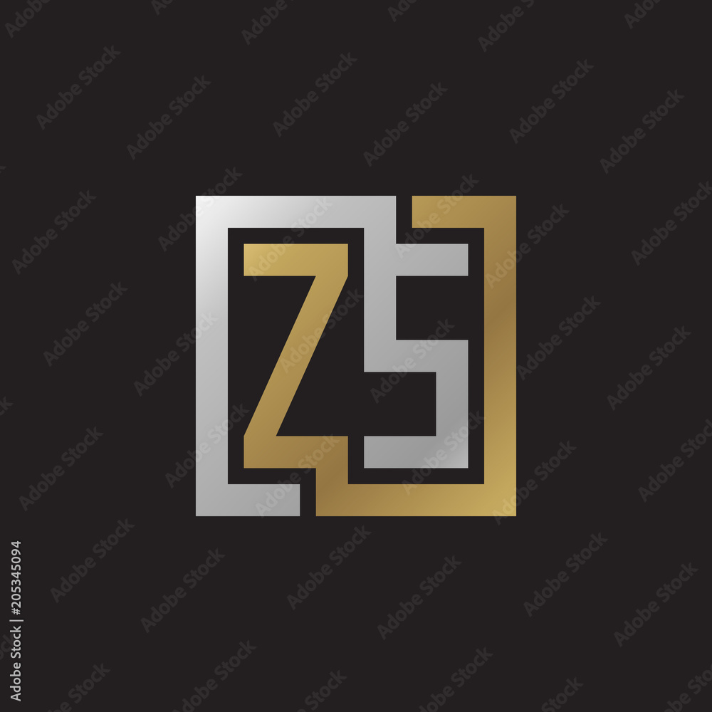 Initial letter ZS, looping line, square shape logo, silver gold color on black background Initial letter ZS, looping line, square shape logo, silver gold color on black background