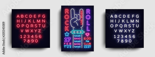 Rock Music Night Party flyer design template. Rock and Roll Neon Sign, Light Banner, Design Rock Concert Invitation, Neon Style, Bright Brochure, Neon Advertising. Vector. Editing text neon sign