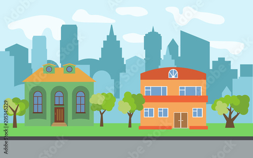 Vector city with two two-story cartoon houses and green trees in the sunny day. Summer urban landscape. Street view with cityscape on a background   © dniprodd