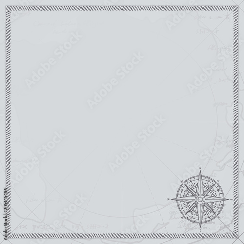 Old vintage paper with wind rose compass sign. Vector illustration on the theme of travel, adventure and discovery on the background of old map. Pirate map concept.