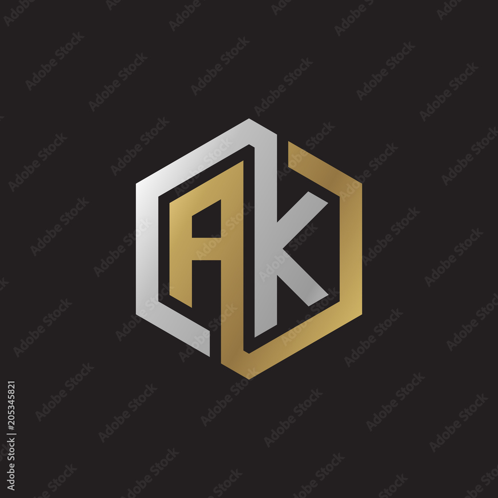Initial letter AK, looping line, hexagon shape logo, silver gold color on black background Initial letter AK, looping line, hexagon shape logo, silver gold color on black background
