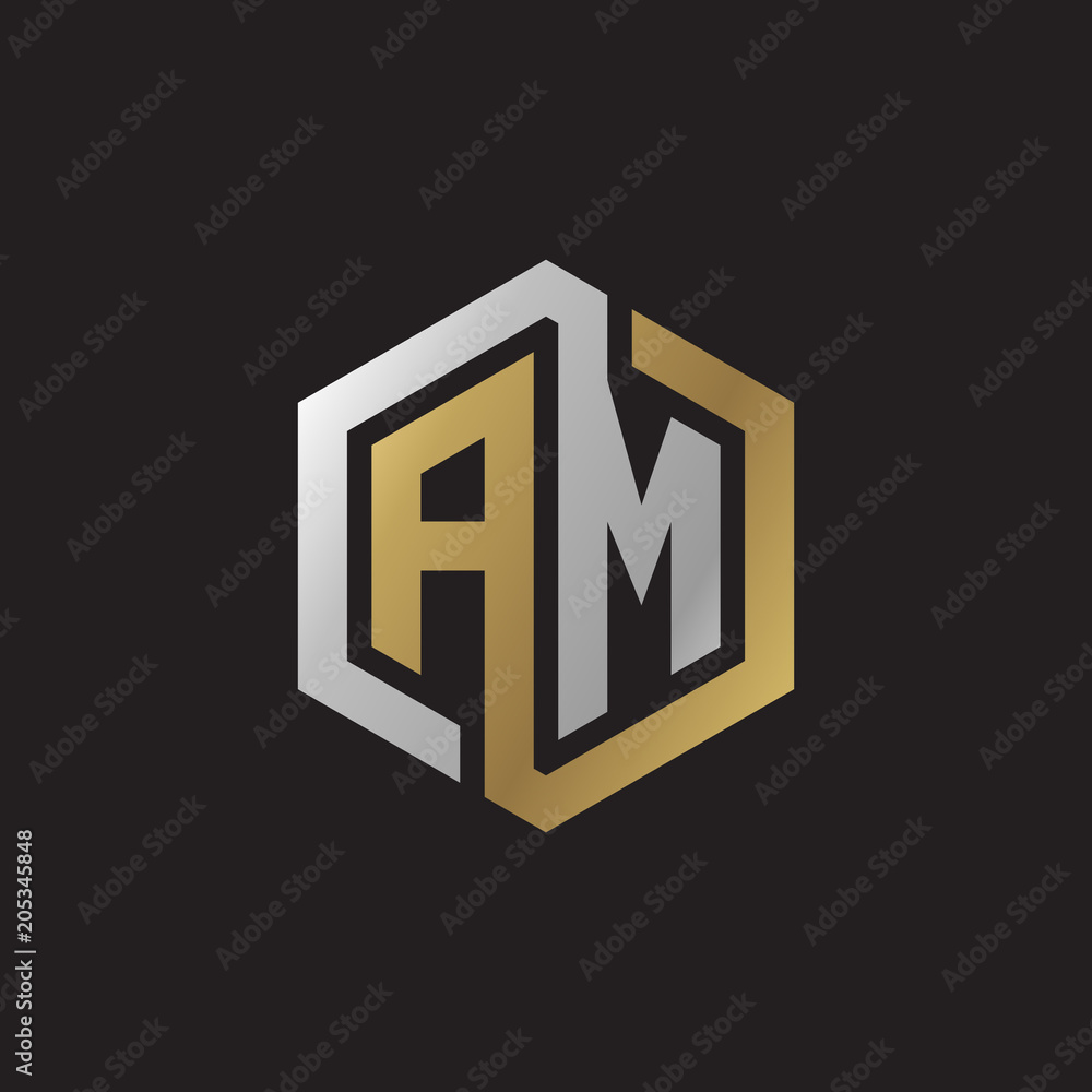 Initial letter AM, looping line, hexagon shape logo, silver gold color on black background Initial letter AM, looping line, hexagon shape logo, silver gold color on black background