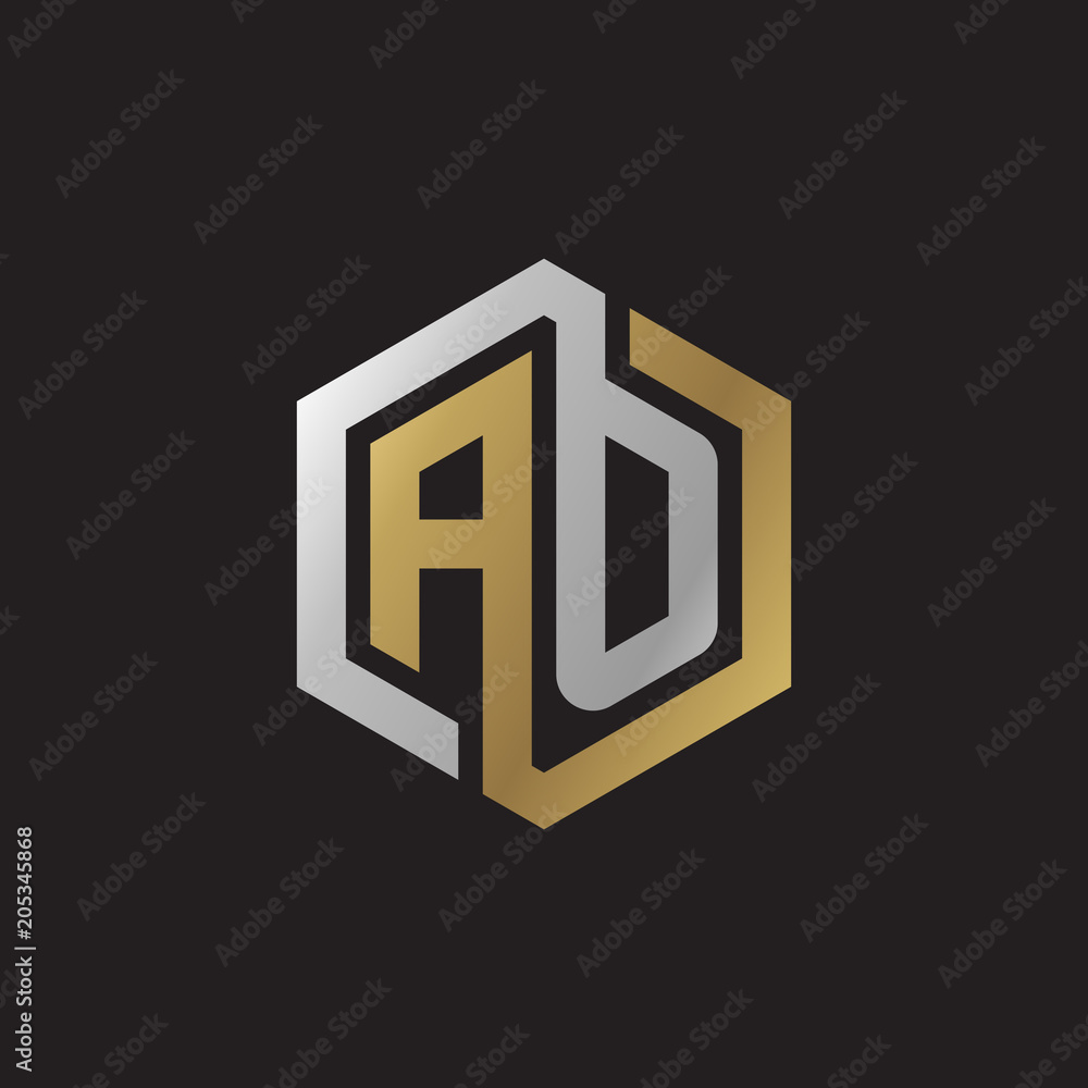 Initial letter AO, looping line, hexagon shape logo, silver gold color on black background Initial letter AO, looping line, hexagon shape logo, silver gold color on black background