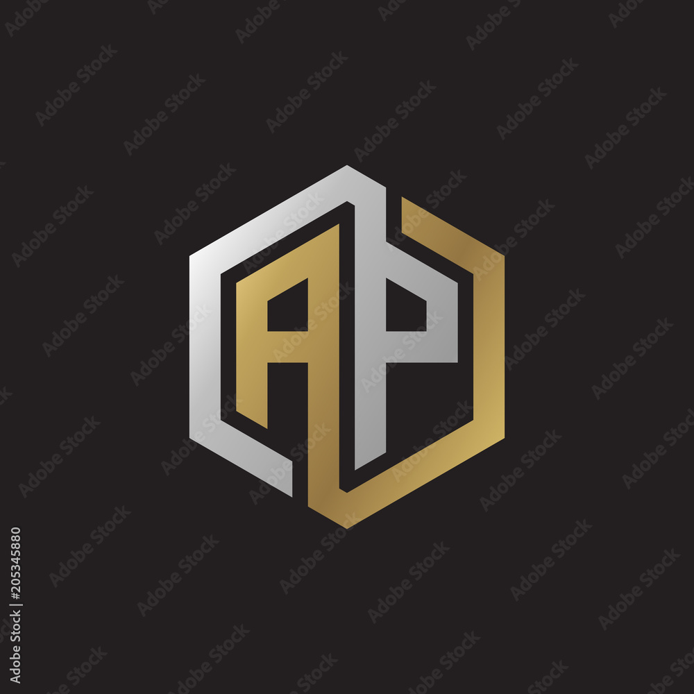 Initial letter AP, looping line, hexagon shape logo, silver gold color on black background Initial letter AP, looping line, hexagon shape logo, silver gold color on black background