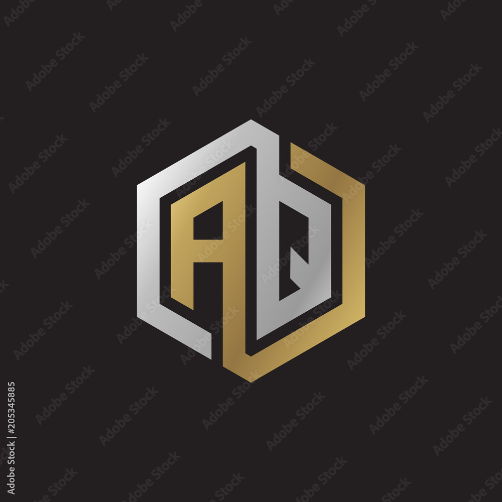 Initial letter AQ, looping line, hexagon shape logo, silver gold color on black background Initial letter AQ, looping line, hexagon shape logo, silver gold color on black background