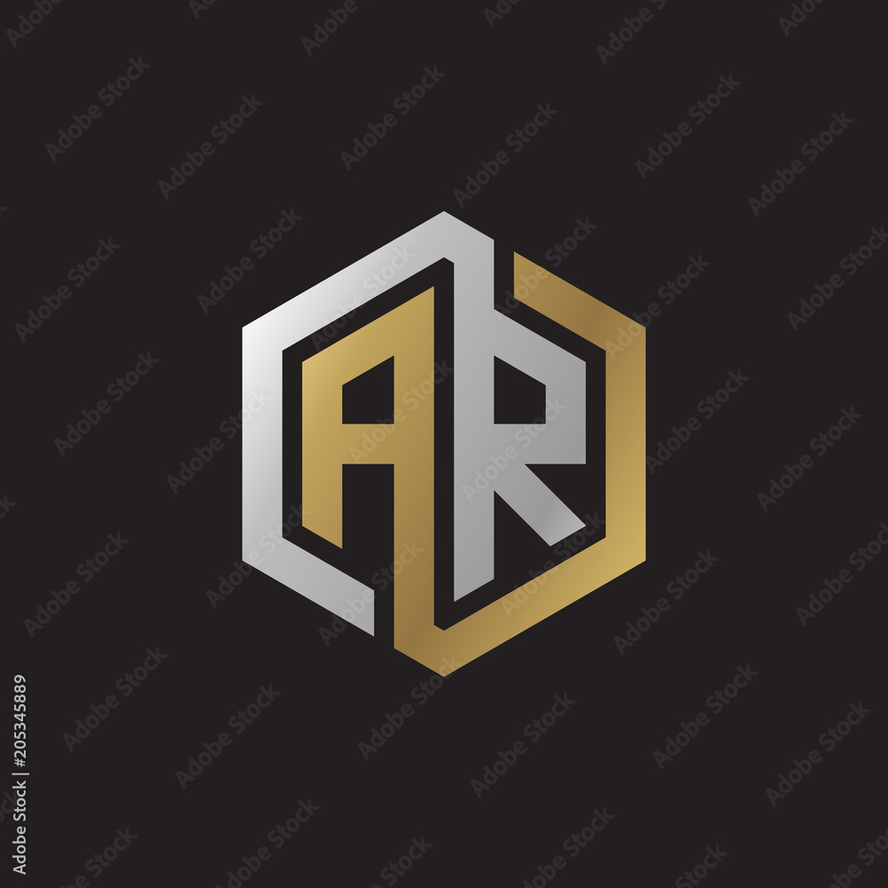 Initial letter AR, looping line, hexagon shape logo, silver gold color on black background Initial letter AR, looping line, hexagon shape logo, silver gold color on black background