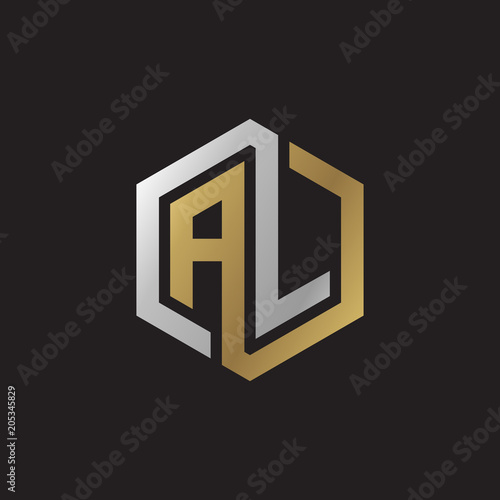 Initial letter AL, looping line, hexagon shape logo, silver gold color on black background