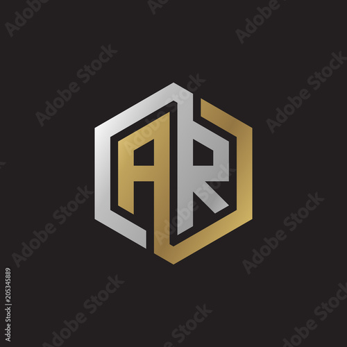 Initial letter AR, looping line, hexagon shape logo, silver gold color on black background